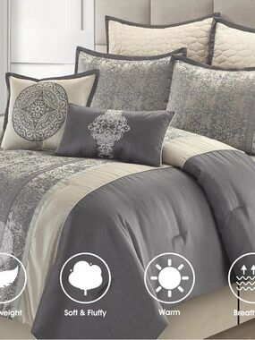 Comforter Set, King Size, Grey Beige, Traditional Jacquard Woven Fabrics